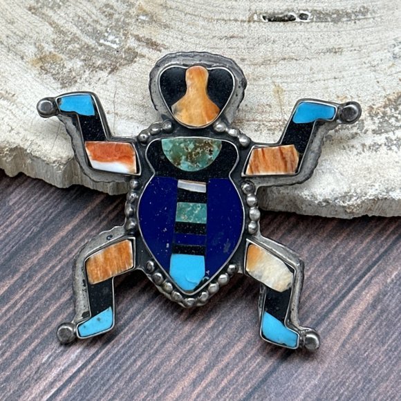Vintage FEDERICO JIMENEZ Lapis Turquoise Multi-Stone Inlay Knifewing Frog Pin - Picture 1 of 3